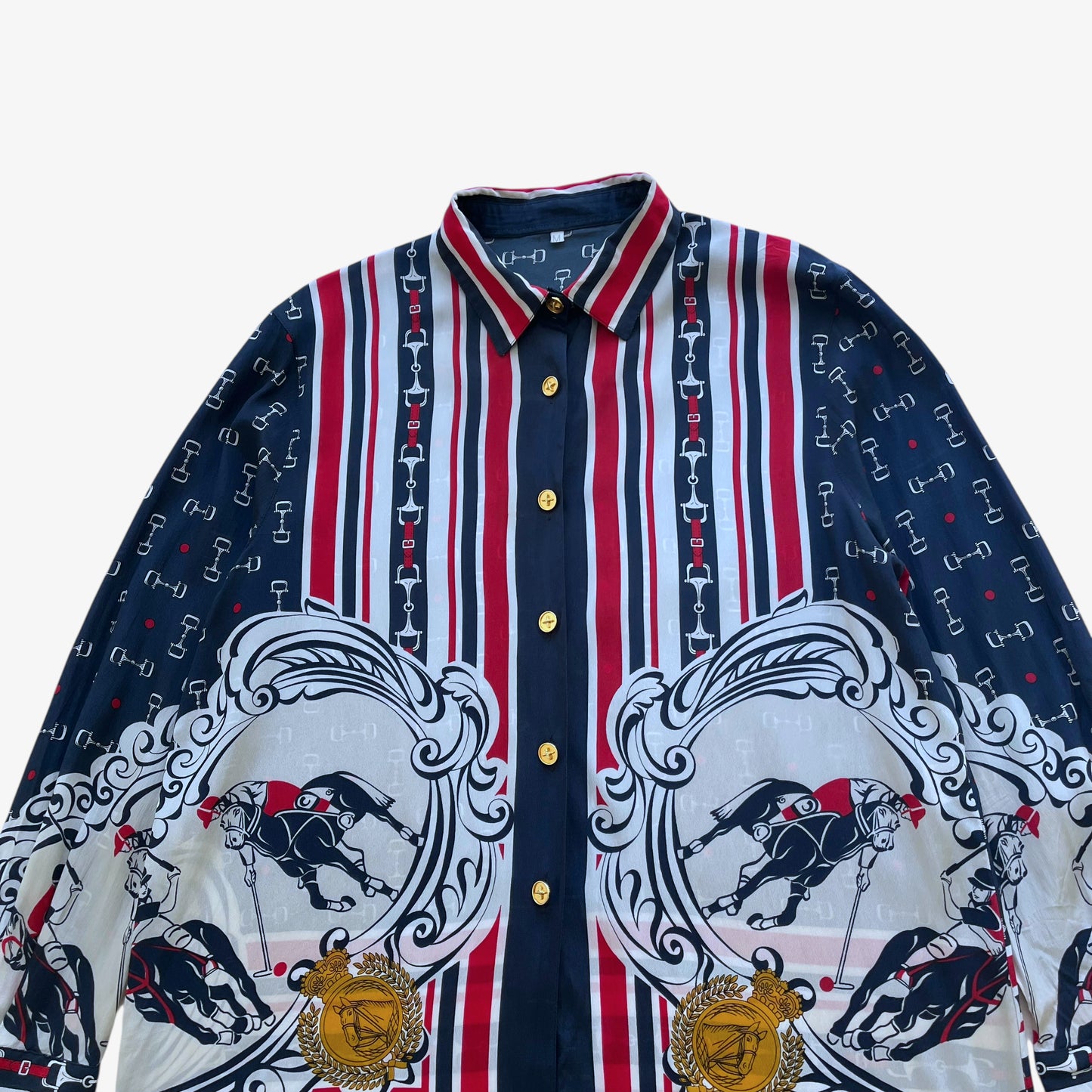 Vintage 80s Womens Polo Player And Horsebit Print Silk Blend Shirt Equestrian - Casspios Dream