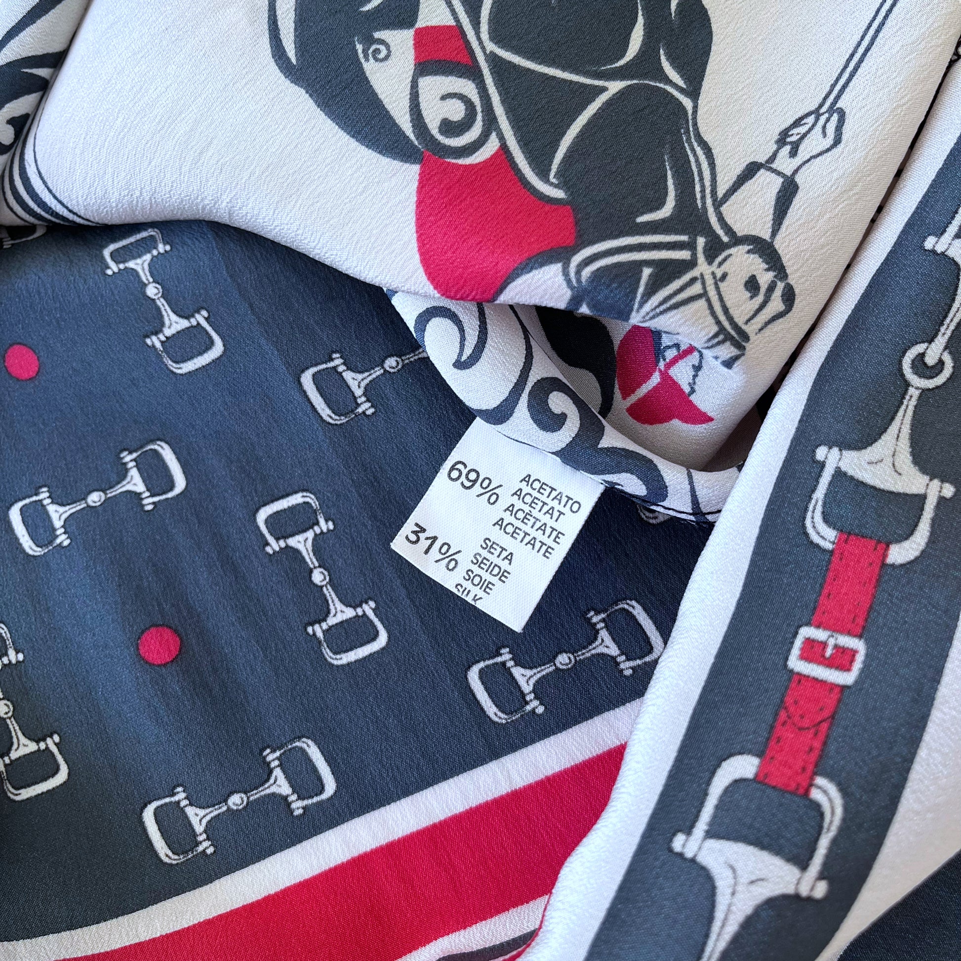 Vintage 80s Womens Polo Player And Horsebit Print Silk Blend Shirt Inside Label - Casspios Dream
