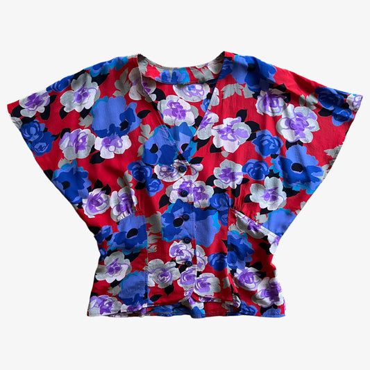 Vintage 80s Womens Purple And Navy Floral Print Red Silk Blouse - Casspios Dream