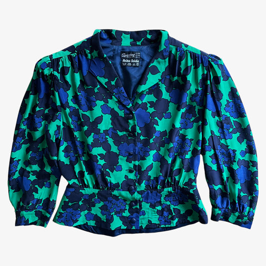 Vintage 80s Womens Sporting Dress Blue Floral Print Green Silk Jacket - Casspios Dream