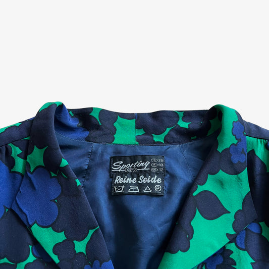 Vintage 80s Womens Sporting Dress Blue Floral Print Green Silk Jacket Label - Casspios Dream