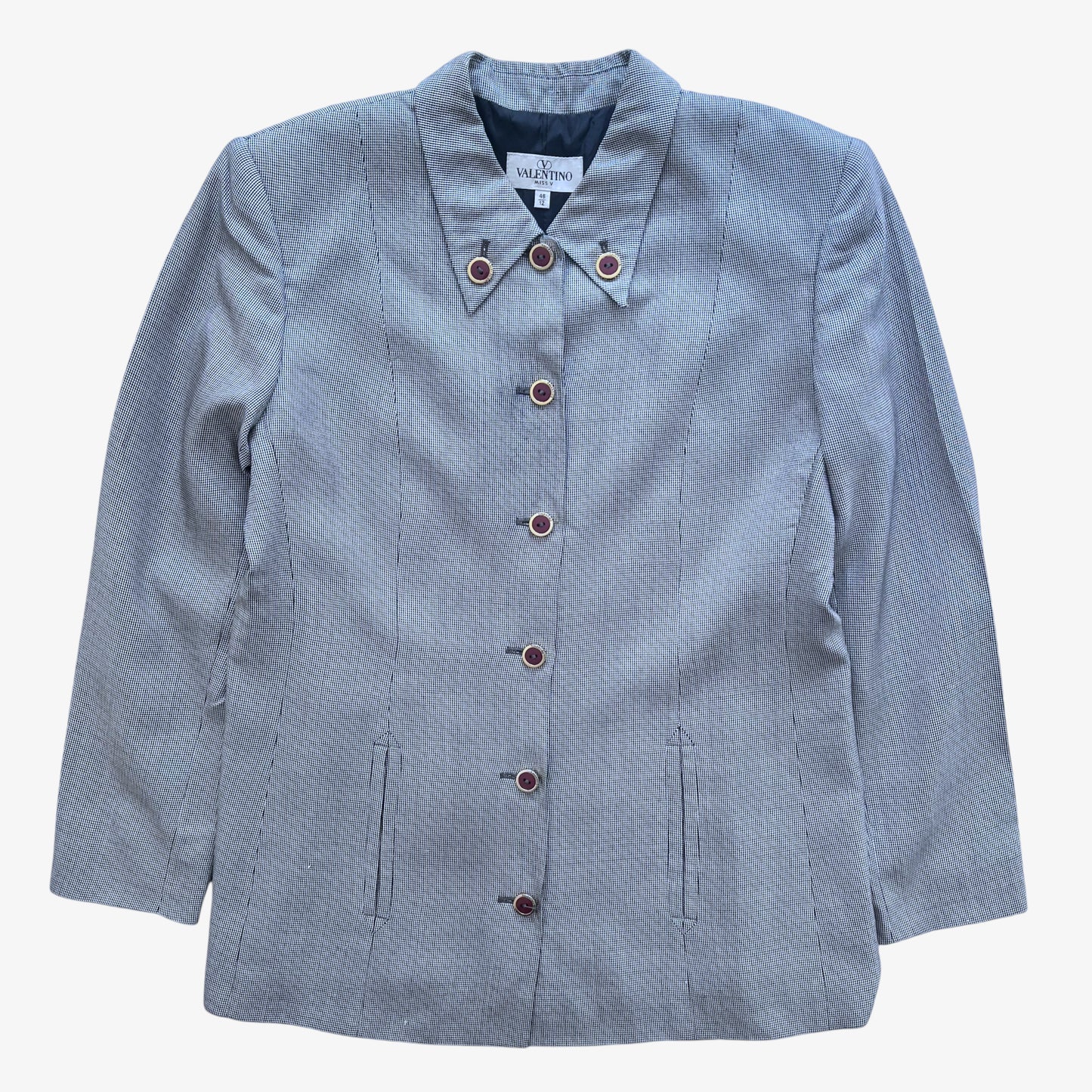 Vintage 80s Womens Valentino Miss V Dogtooth Print Silk And Wool Suit Blazer - Casspios Dream