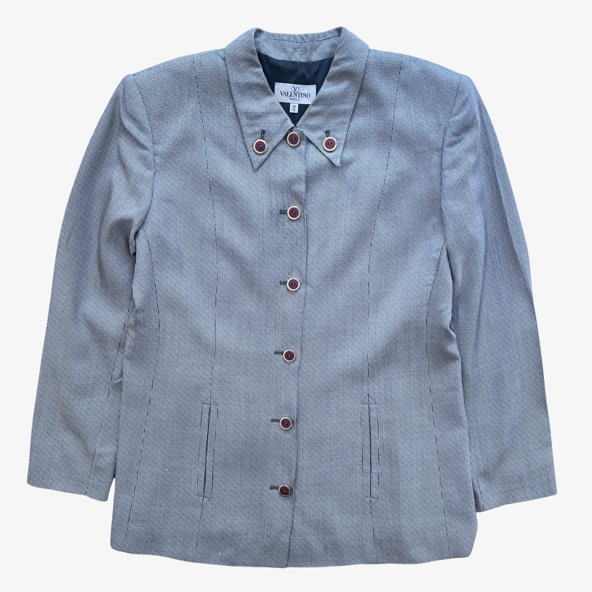 Vintage 80s Womens Valentino Miss V Dogtooth Print Silk And Wool Suit Blazer - Casspios Dream