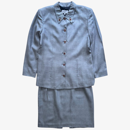 Vintage 80s Womens Valentino Miss V Dogtooth Print Silk And Wool Suit - Casspios Dream