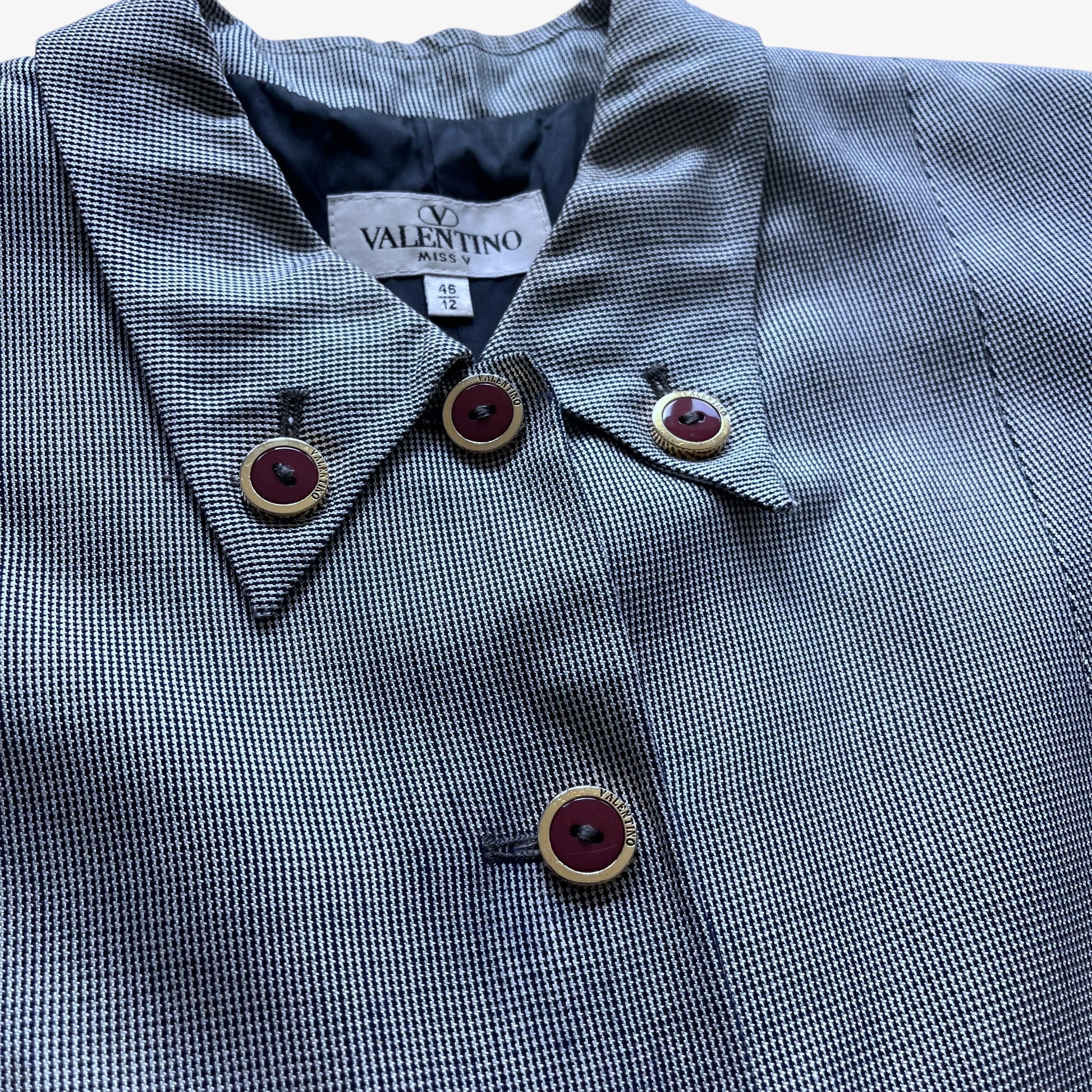 Vintage 80s Womens Valentino Miss V Dogtooth Print Silk And Wool Suit Engraved - Casspios Dream