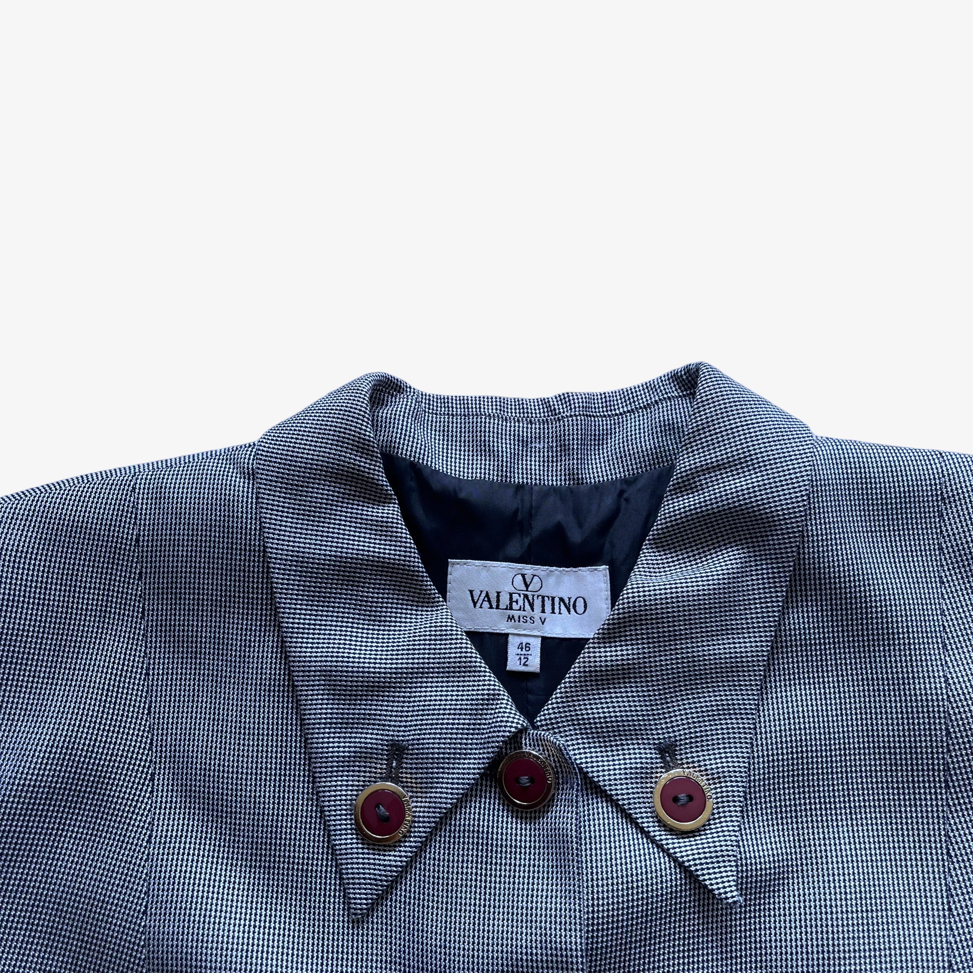 Vintage 80s Womens Valentino Miss V Dogtooth Print Silk And Wool Suit Label - Casspios Dream
