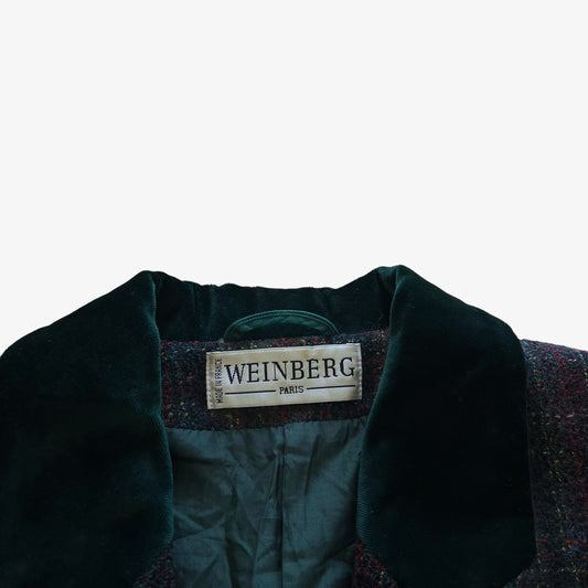 Vintage 80s Womens Weinberg Paris Colourful Wool Blazer With A Green Velvet Trim Label - Casspios Dream