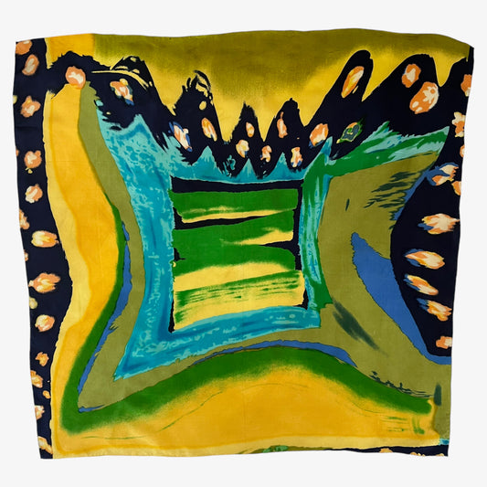 Vintage 80s Yellow And Green Abstract Tie Dye Print Scarf With A Floral Trim - Casspios Dream