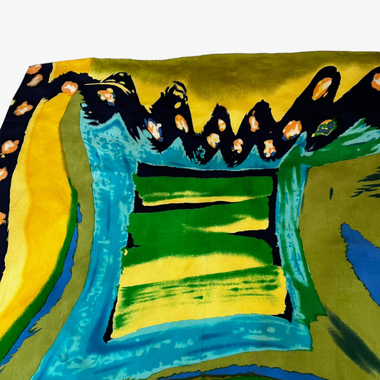 Vintage 80s Yellow And Green Abstract Tie Dye Print Scarf With A Floral Trim Top - Casspios Dream