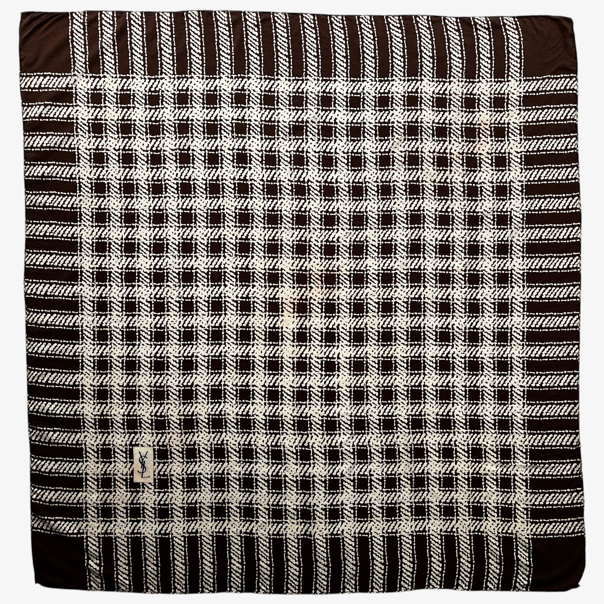 Women's vintage 80s Yves Saint Laurent brown checkered print silk scarf with a YSL motif.