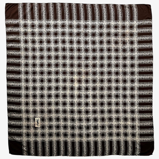 Women's vintage 80s Yves Saint Laurent brown checkered print silk scarf with a YSL motif.
