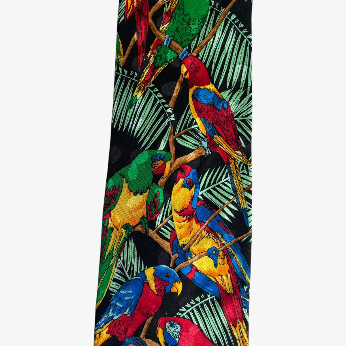 Vintage 90s Addiction 1992 Parrot Rainforest Print Black Silk Tie Bird - Casspios Dream