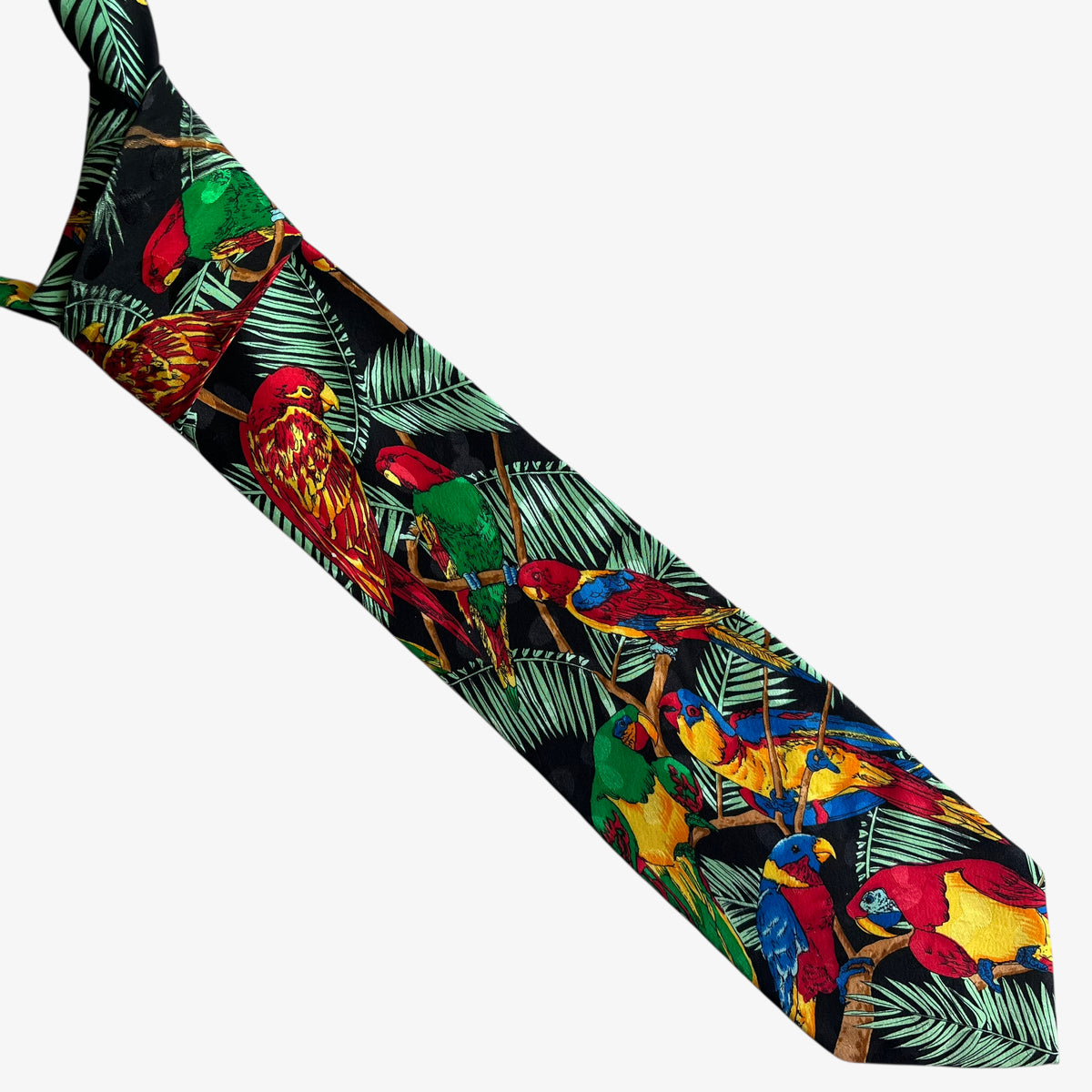Vintage 90s Addiction 1992 Parrot Rainforest Print Black Silk Tie - Casspios Dream