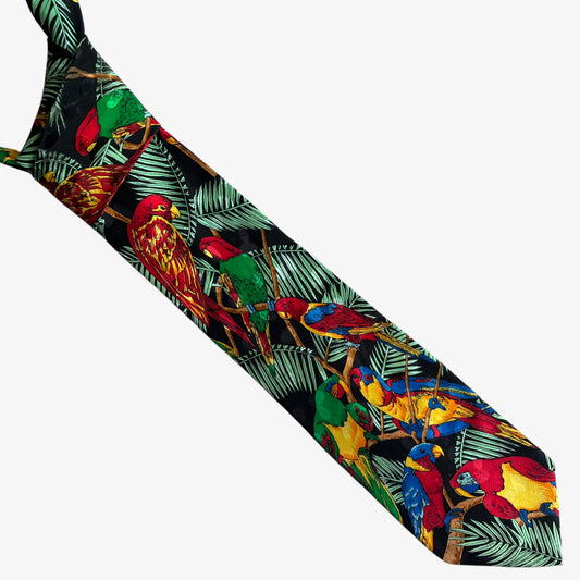 Vintage 90s Addiction 1992 Parrot Rainforest Print Black Silk Tie - Casspios Dream
