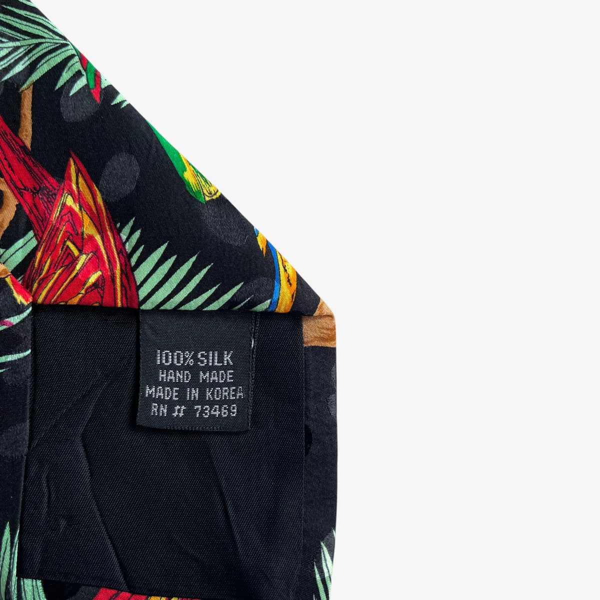 Vintage 90s Addiction 1992 Parrot Rainforest Print Black Silk Tie Handmade - Casspios Dream