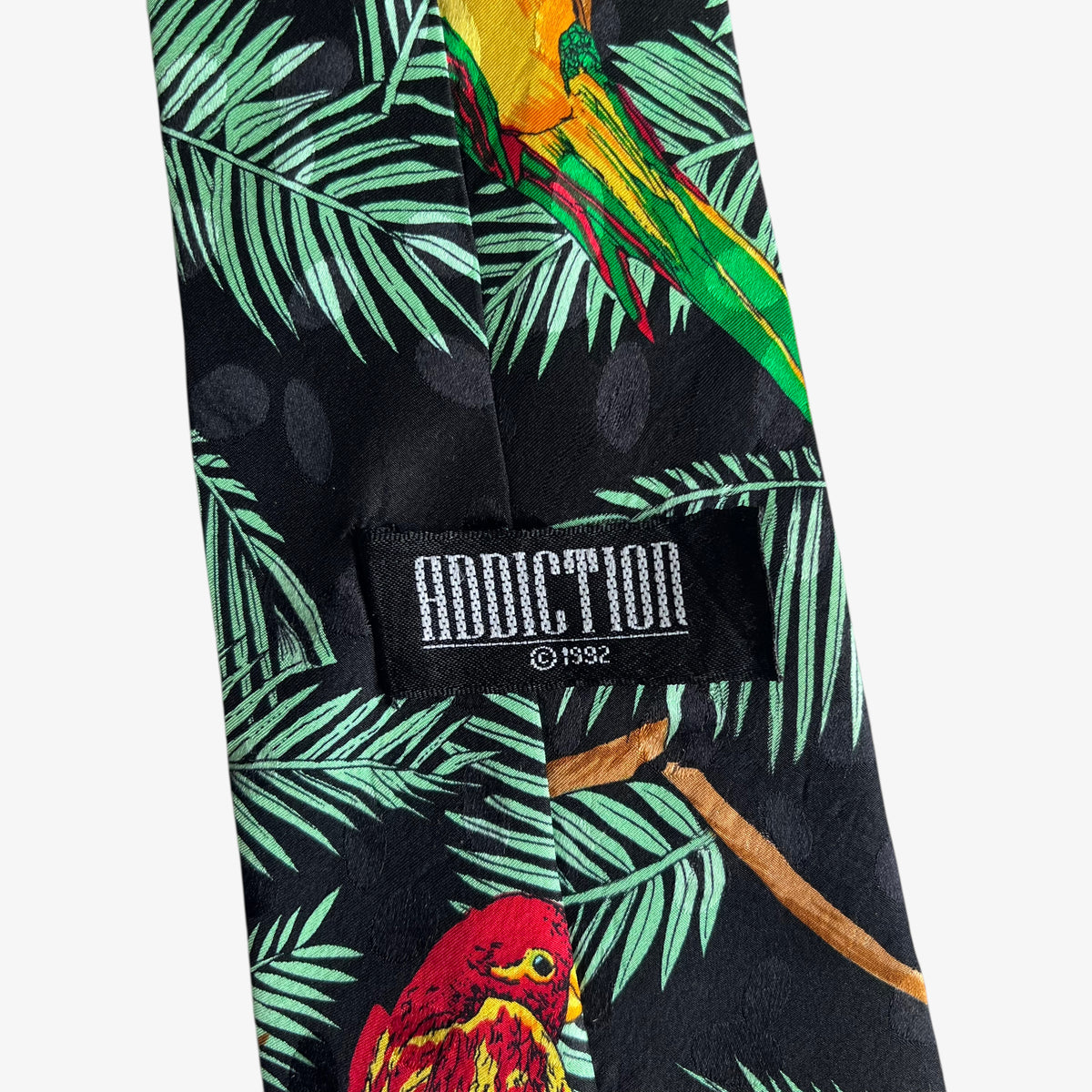 Vintage 90s Addiction 1992 Parrot Rainforest Print Black Silk Tie Label - Casspios Dream