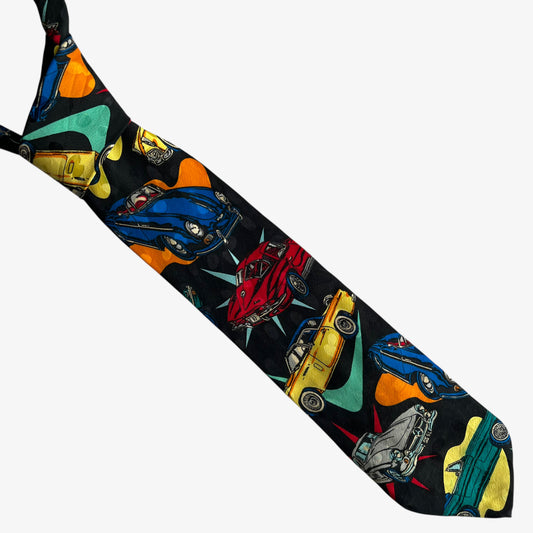 Vintage 90s Addiction Colourful Car Print Black Silk Tie - Casspios Dream