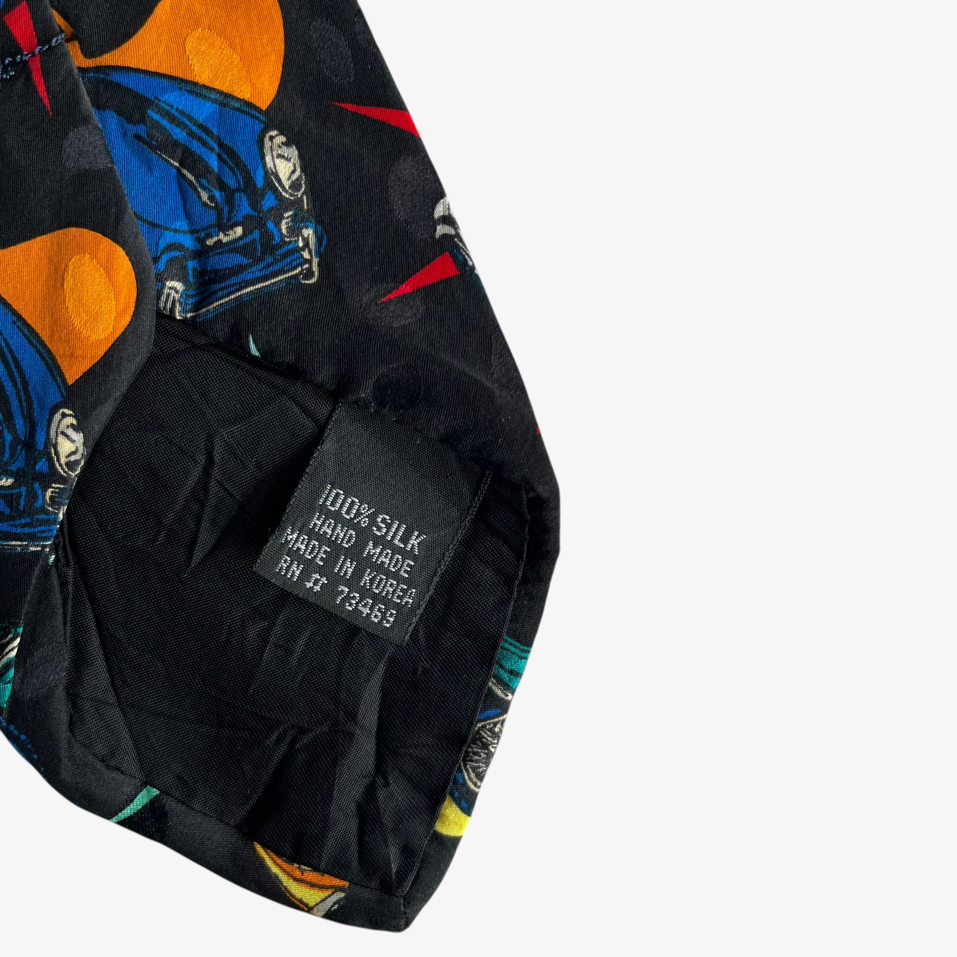 Vintage 90s Addiction Colourful Car Print Black Silk Tie Handmade - Casspios Dream