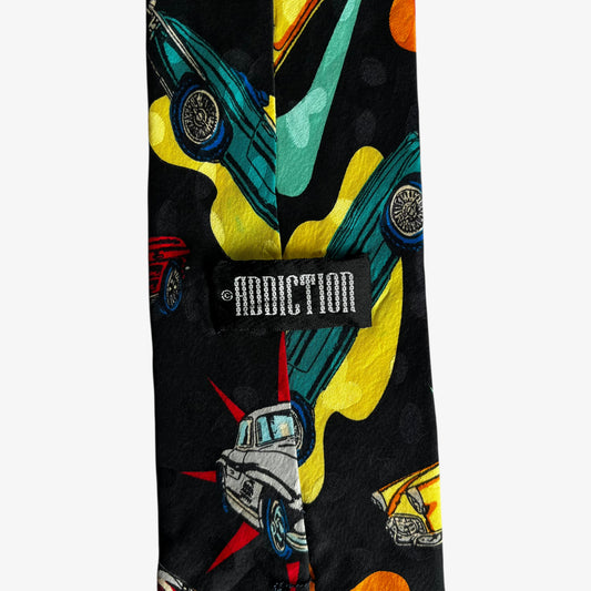Vintage 90s Addiction Colourful Car Print Black Silk Tie Label - Casspios Dream