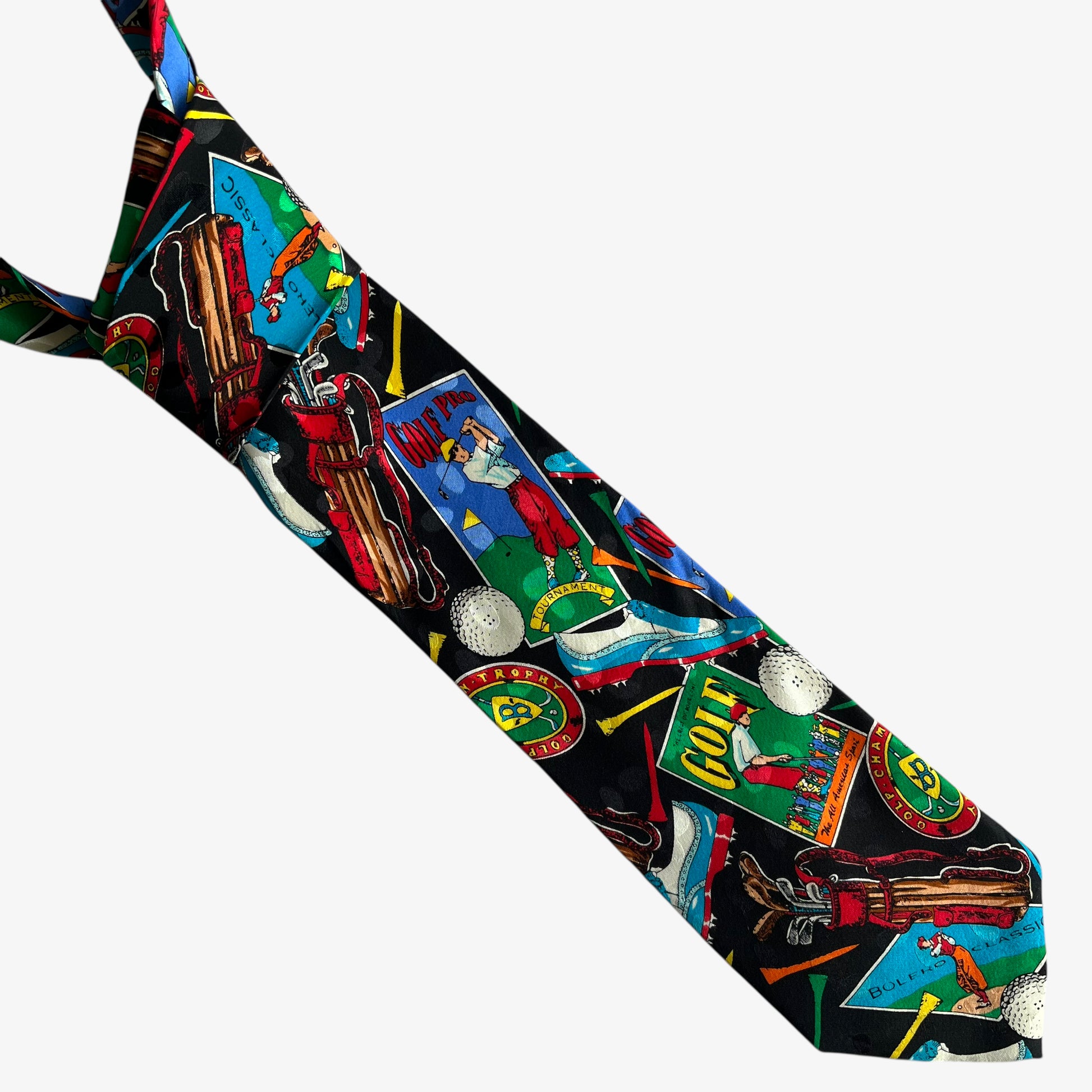 Vintage 90s Addiction Geometric Golf Print Black Silk Tie - Casspios Dream