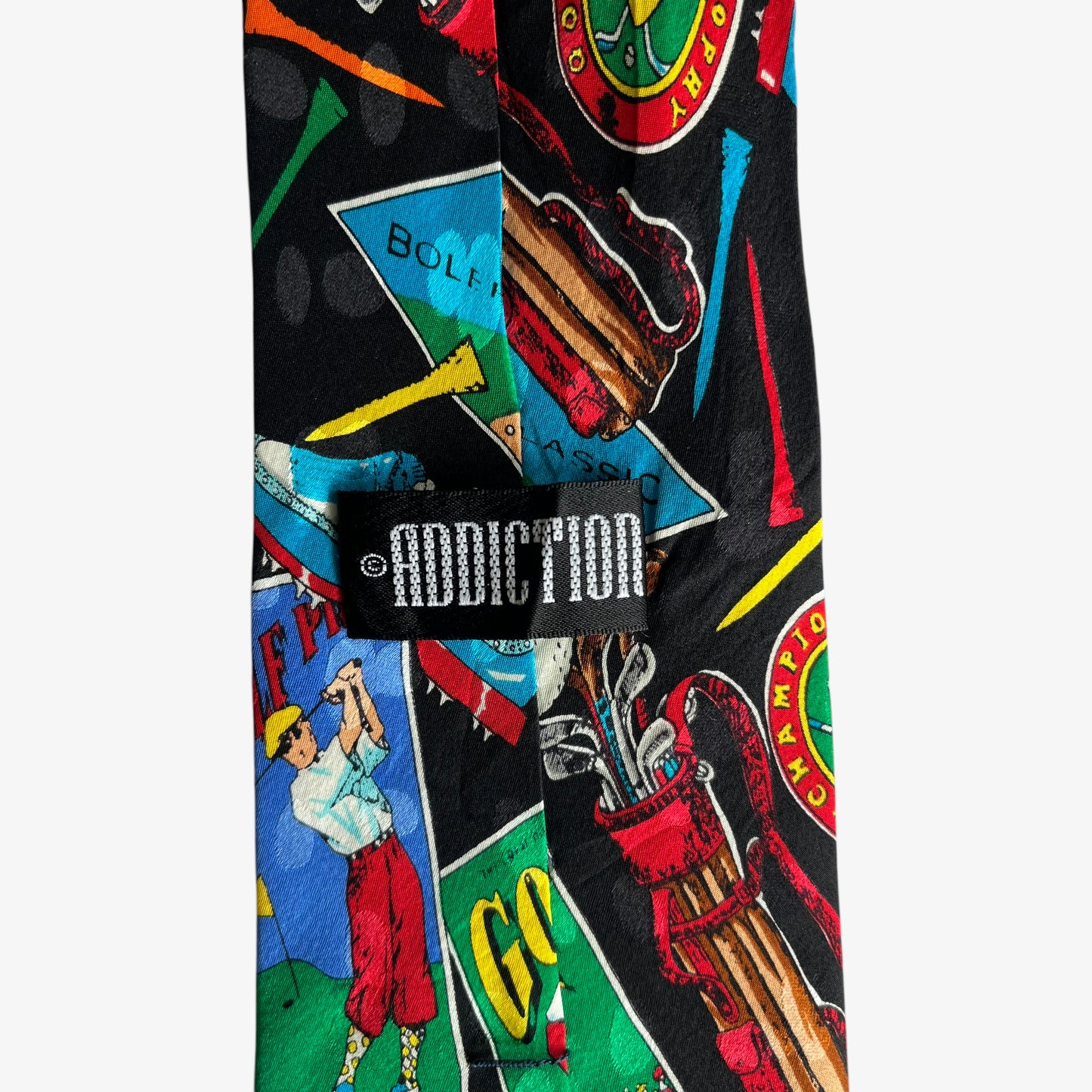 Vintage 90s Addiction Geometric Golf Print Black Silk Tie Label - Casspios Dream