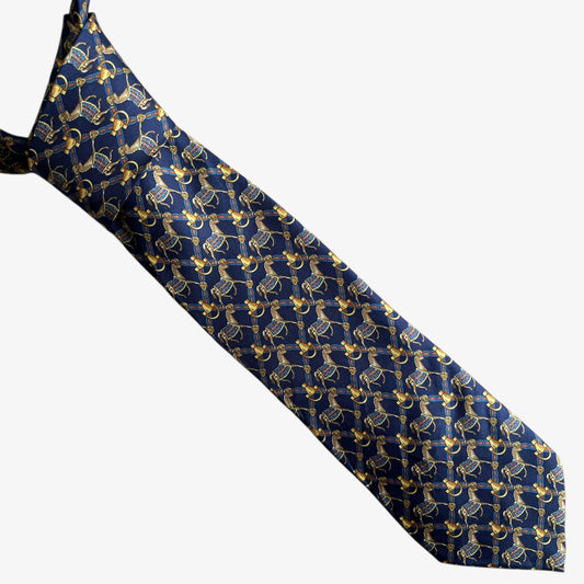 Vintage 90s Antiche Seterie Fiorentine Geometric Equestrian Horsebit Print Navy Silk Tie - Casspios Dream