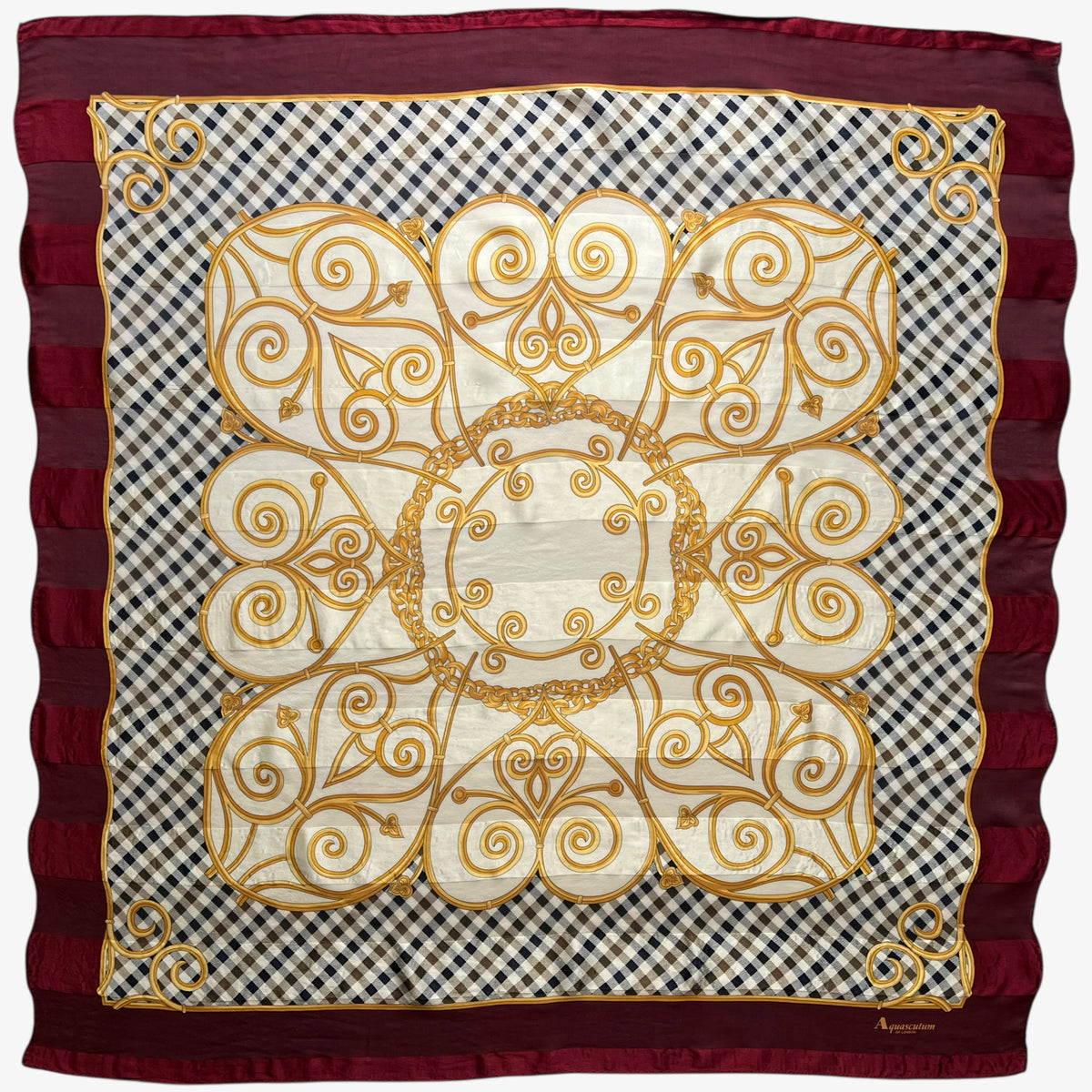 Women's vintage 90s Aquascutum of London colourful house checkered and baroque heart patterned red silk scarf.