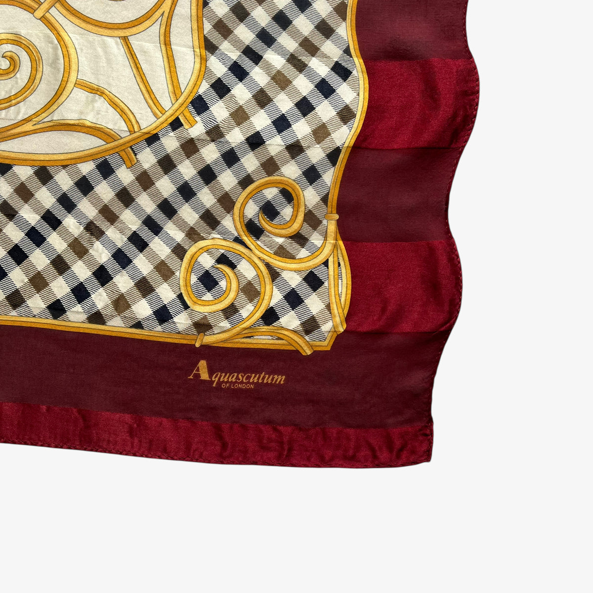 Aquascutum of London printed spell out on vintage 90s women's colourful house checkered and baroque heart patterned red silk scarf.