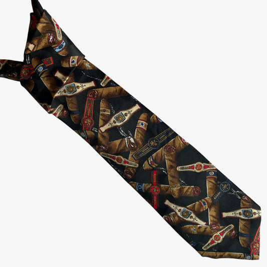 Vintage 90s Axanti Smoking Cigar Print Black Polyester Tie - Casspios Dream