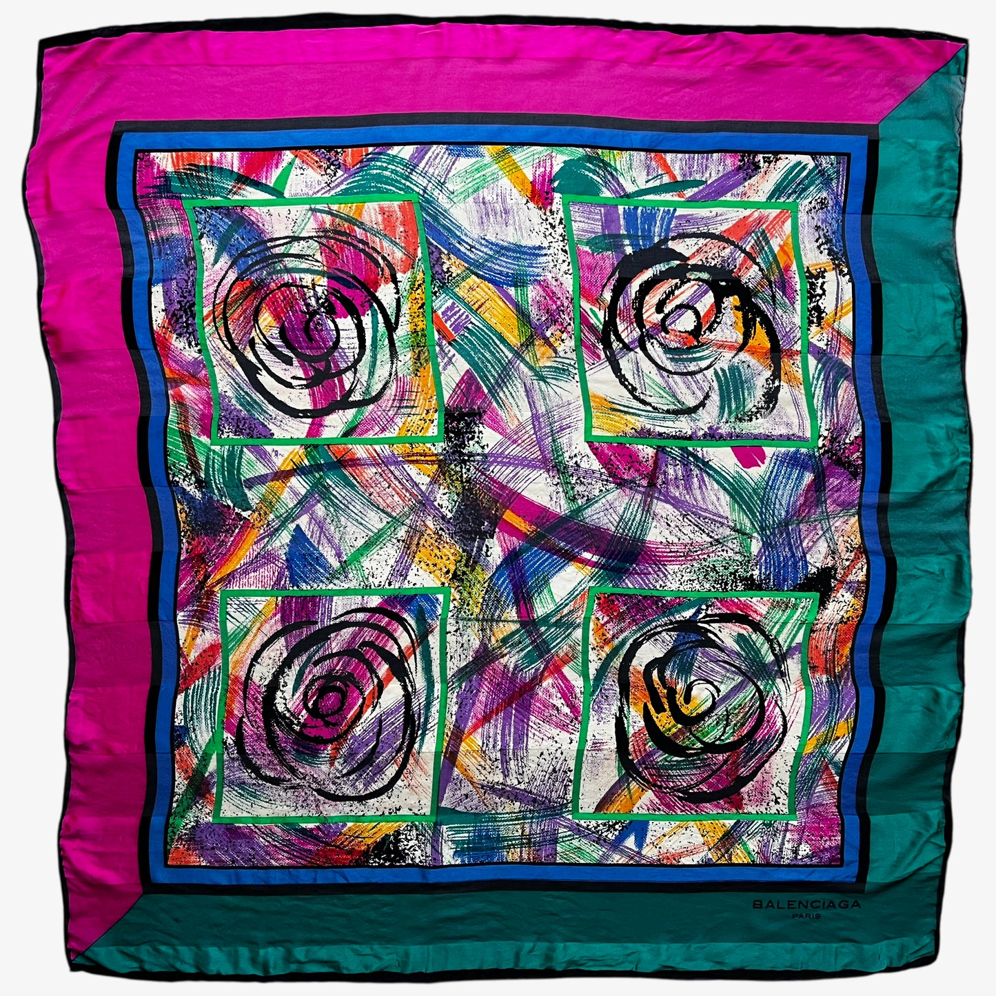 Vintage 90s women's Balenciaga Paris abstract floral print pink and green silk scarf.