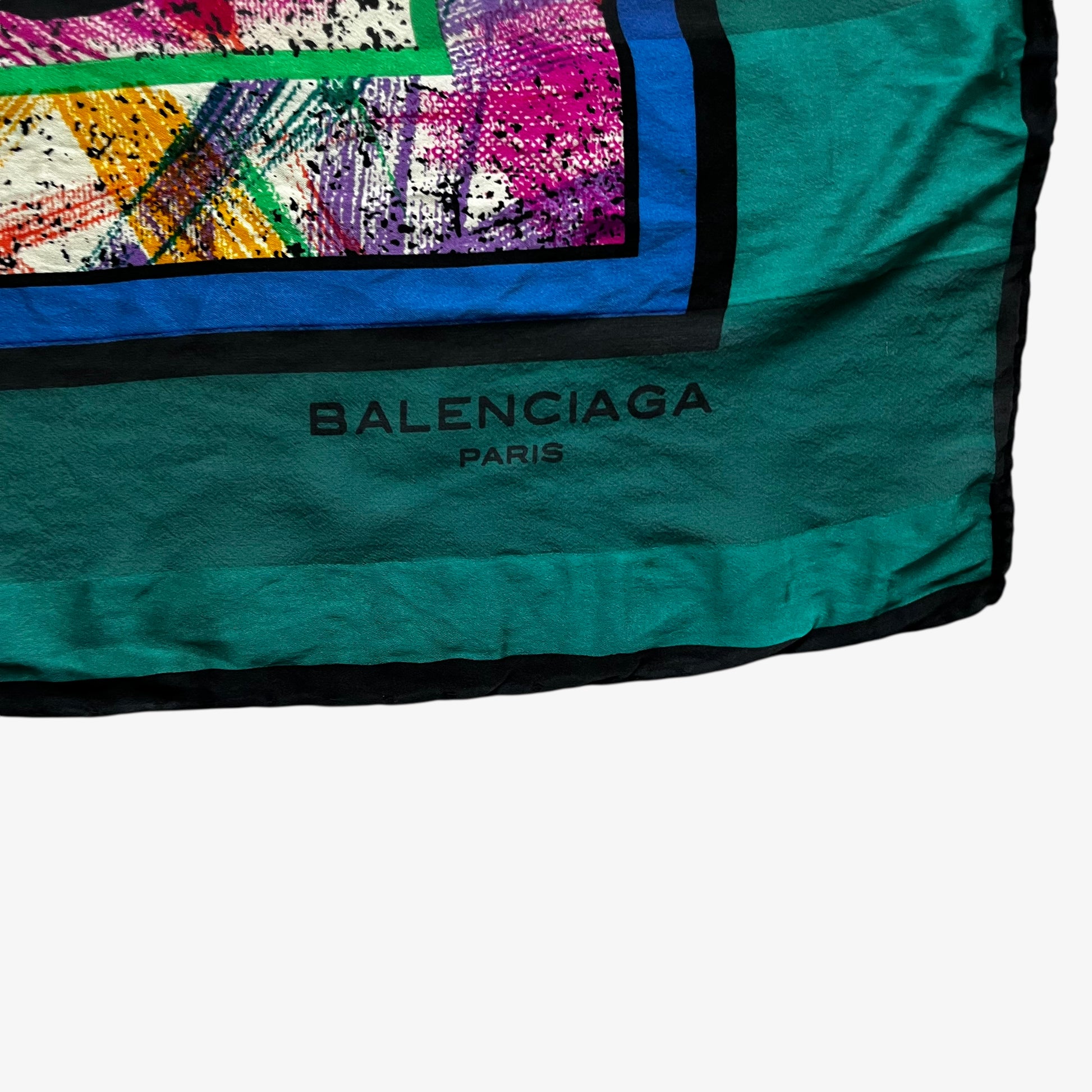 Balenciaga Paris spell out logo on vintage 90s women's abstract floral print pink and green silk scarf.