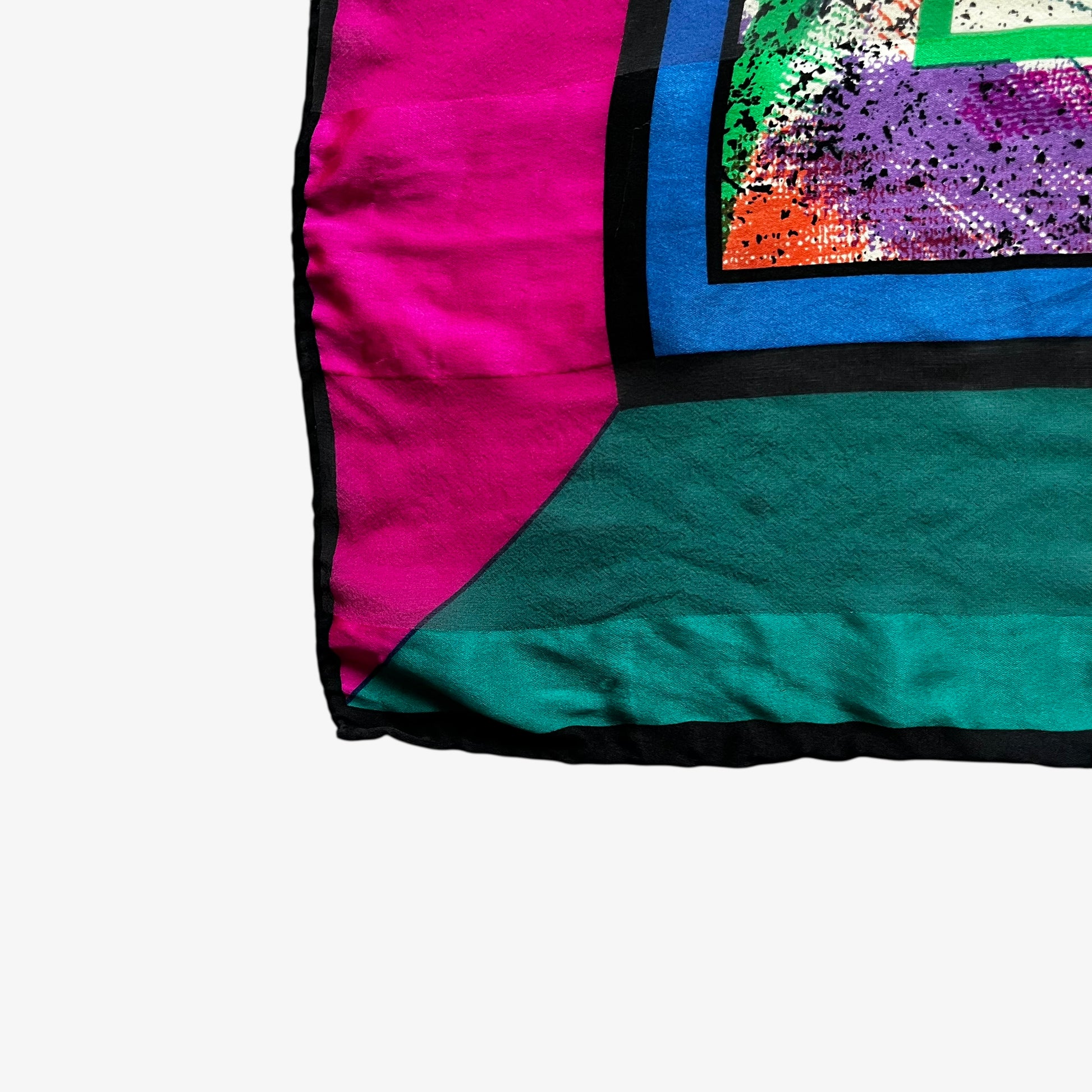 Patina on vintage 90s women's Balenciaga Paris abstract floral print pink and green silk scarf.