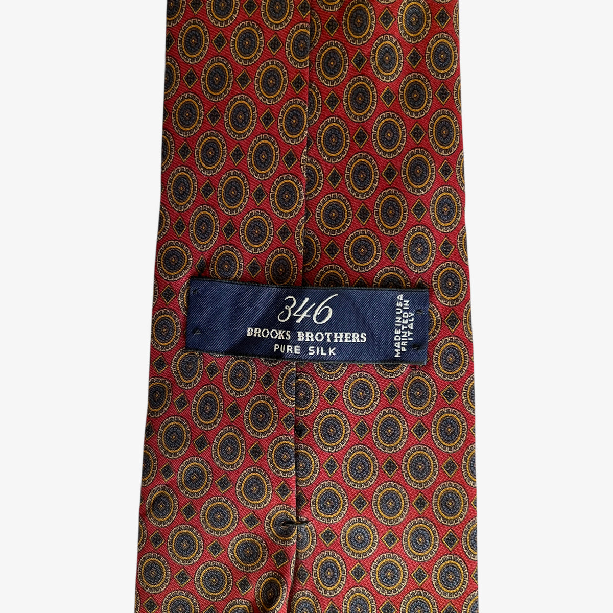 Vintage 90s Brooks Brothers 346 Abstract Geometric Circle Print Red Silk Tie Label - Casspios Dream