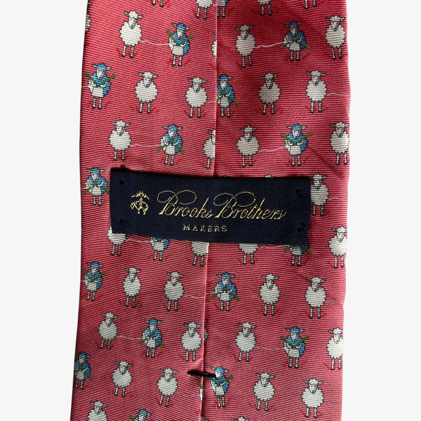 Vintage 90s Brooks Brothers Makers Geometric Knitting Sheep Print Pink Silk Tie Label - Casspios Dream
