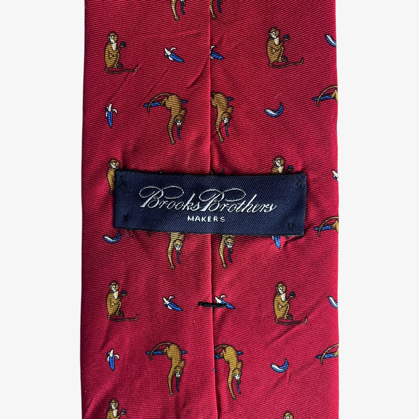 Vintage 90s Brooks Brothers Makers Geometric Monkey Print Red Silk Tie Label - Casspios Dream