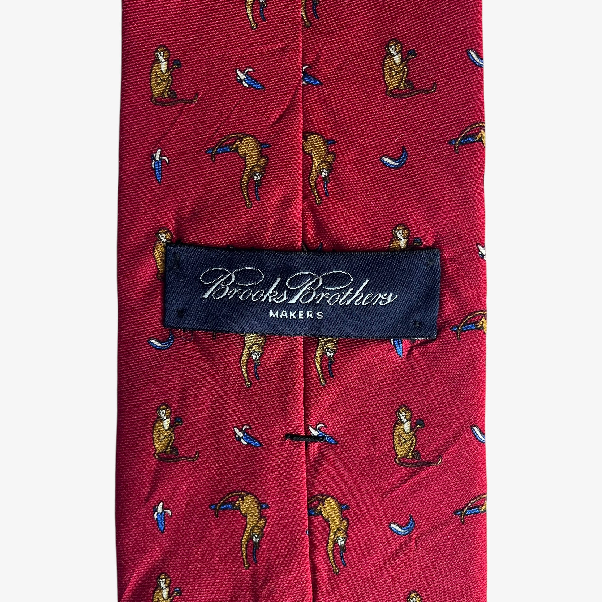 Vintage 90s Brooks Brothers Makers Geometric Monkey Print Red Silk Tie Label - Casspios Dream