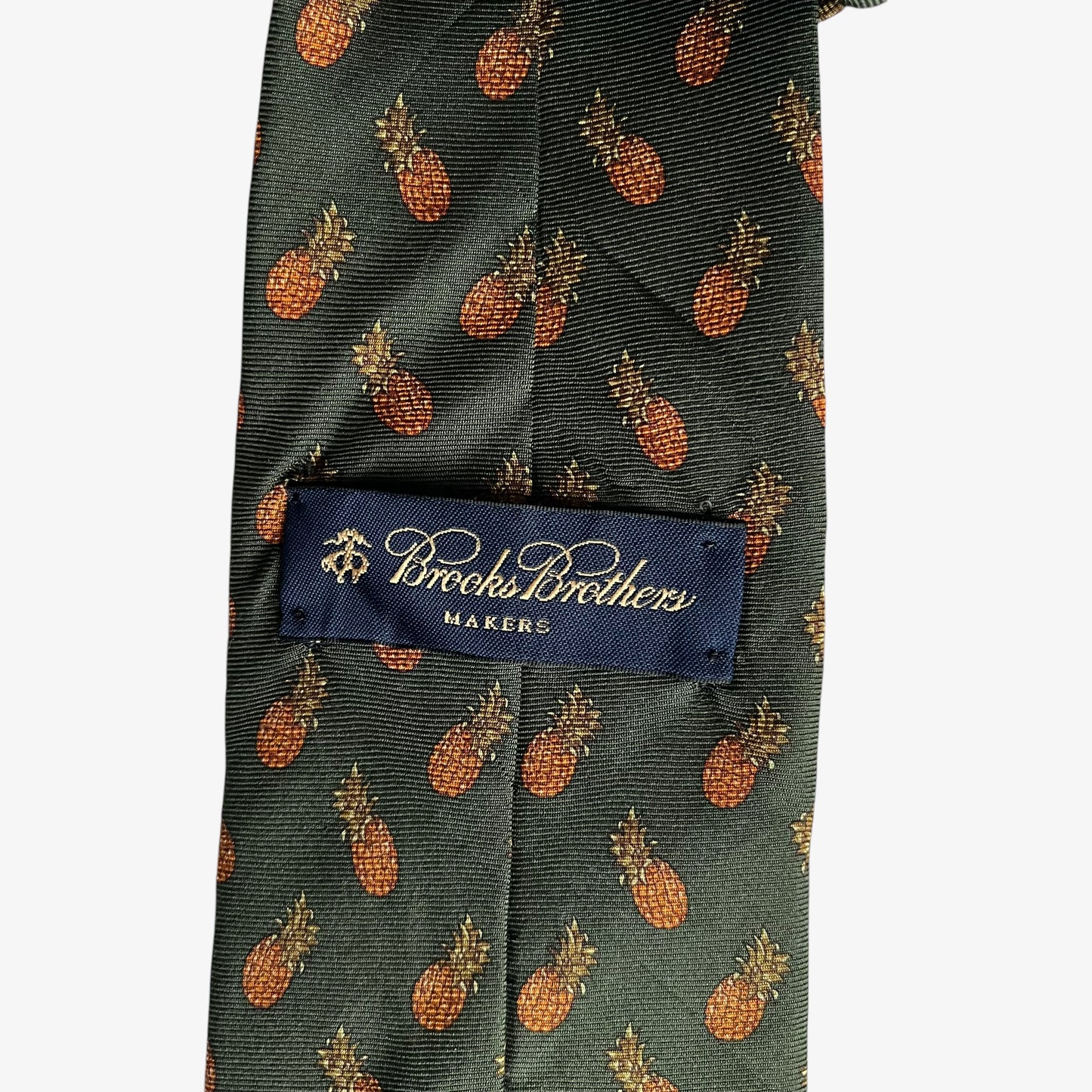 Vintage 90s Brooks Brothers Makers Geometric Pineapple Print Green Silk Tie Label - Casspios Dream