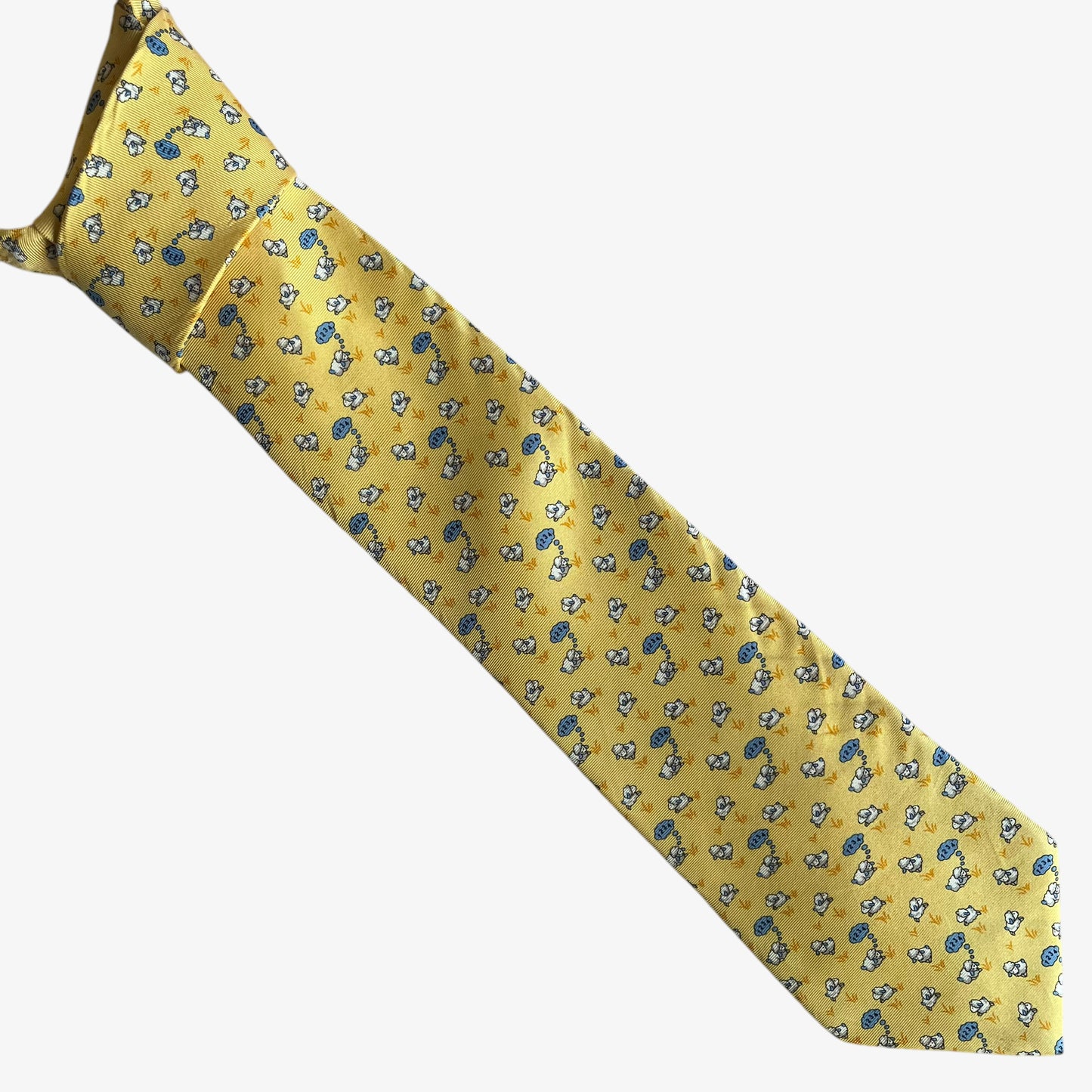 Vintage 90s Brooks Brothers Makers Geometric Sleeping Sheep Print Yellow Silk Tie - Casspios Dream