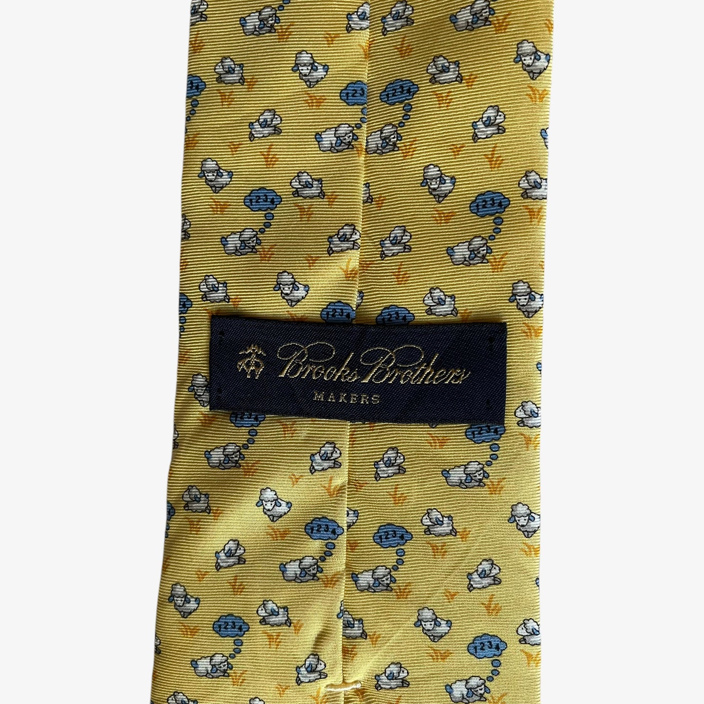 Vintage 90s Brooks Brothers Makers Geometric Sleeping Sheep Print Yellow Silk Tie Label - Casspios Dream