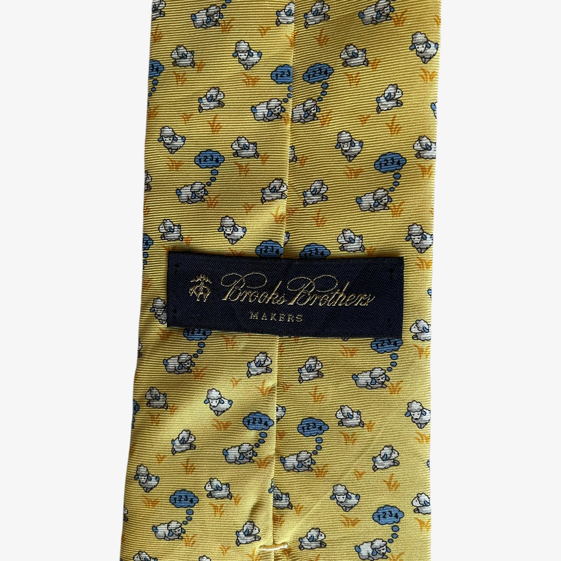 Vintage 90s Brooks Brothers Makers Geometric Sleeping Sheep Print Yellow Silk Tie Label - Casspios Dream