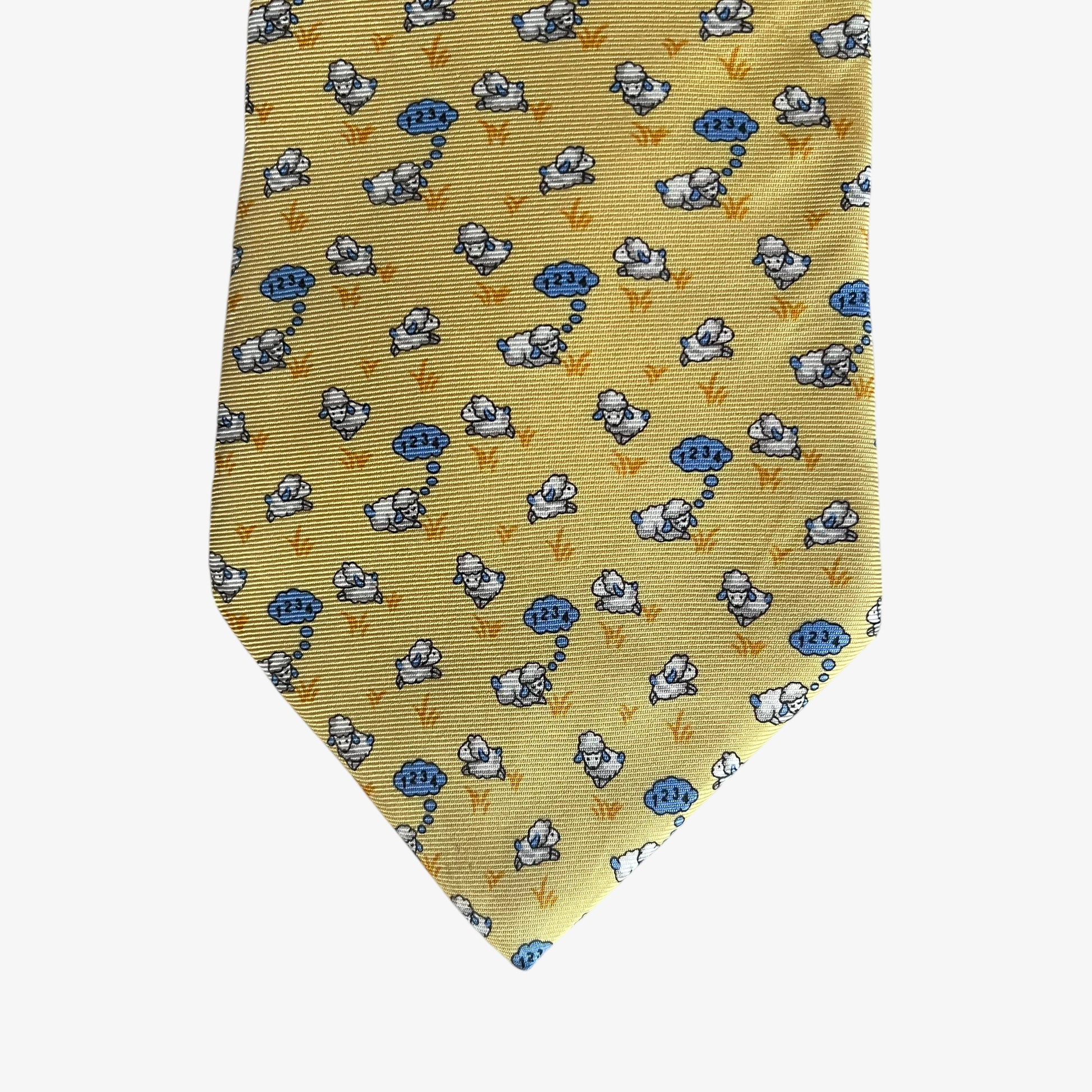 Vintage 90s Brooks Brothers Makers Geometric Sleeping Sheep Print Yellow Silk Tie Novelty - Casspios Dream