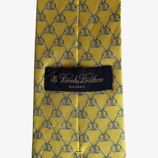 Vintage 90s Brooks Brothers Makers Horsebit Print Yellow Silk Tie Label - Casspios Dream