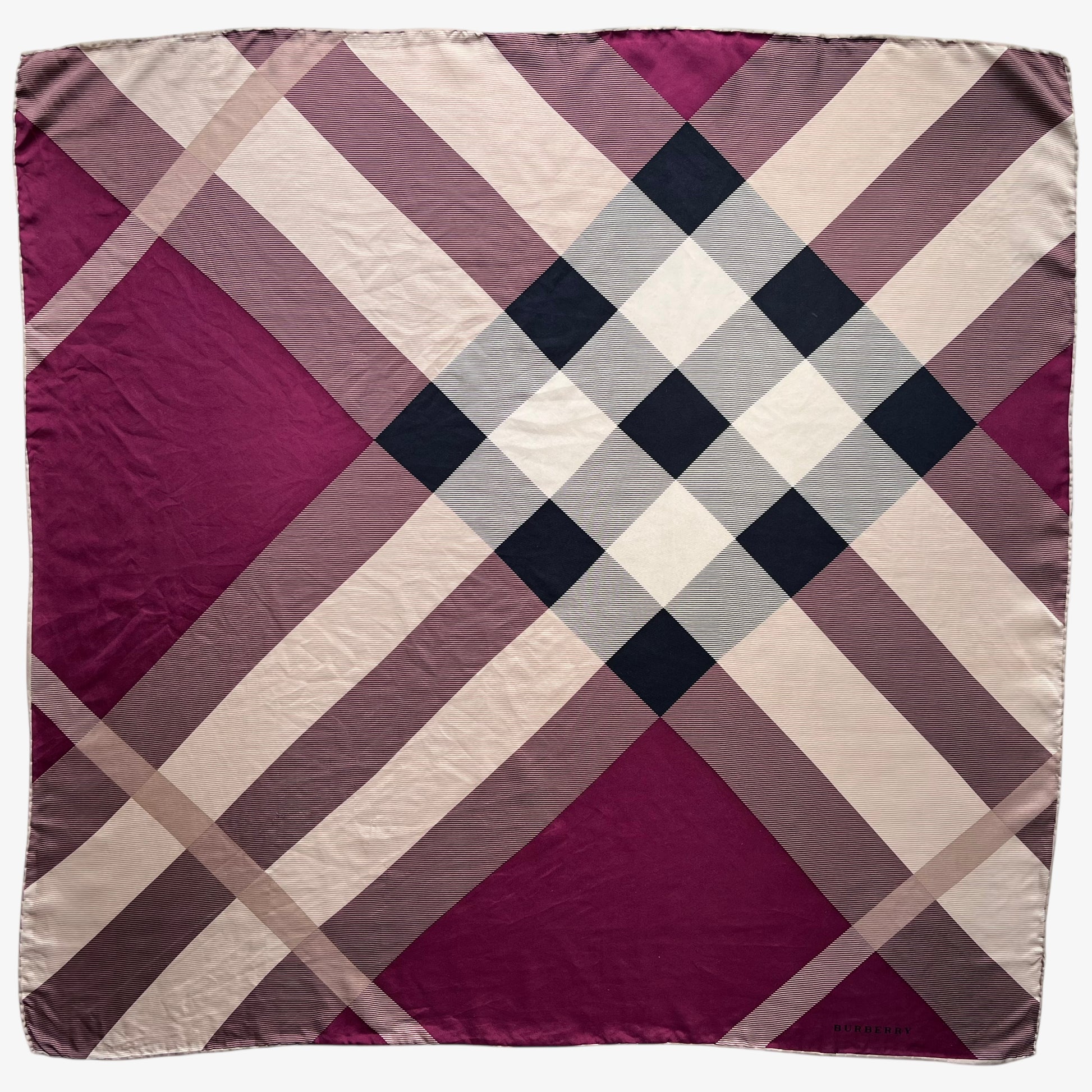 Women's vintage 90s Burberry purple nova check print silk scarf features a tartan design.