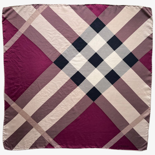 Women's vintage 90s Burberry purple nova check print silk scarf features a tartan design.
