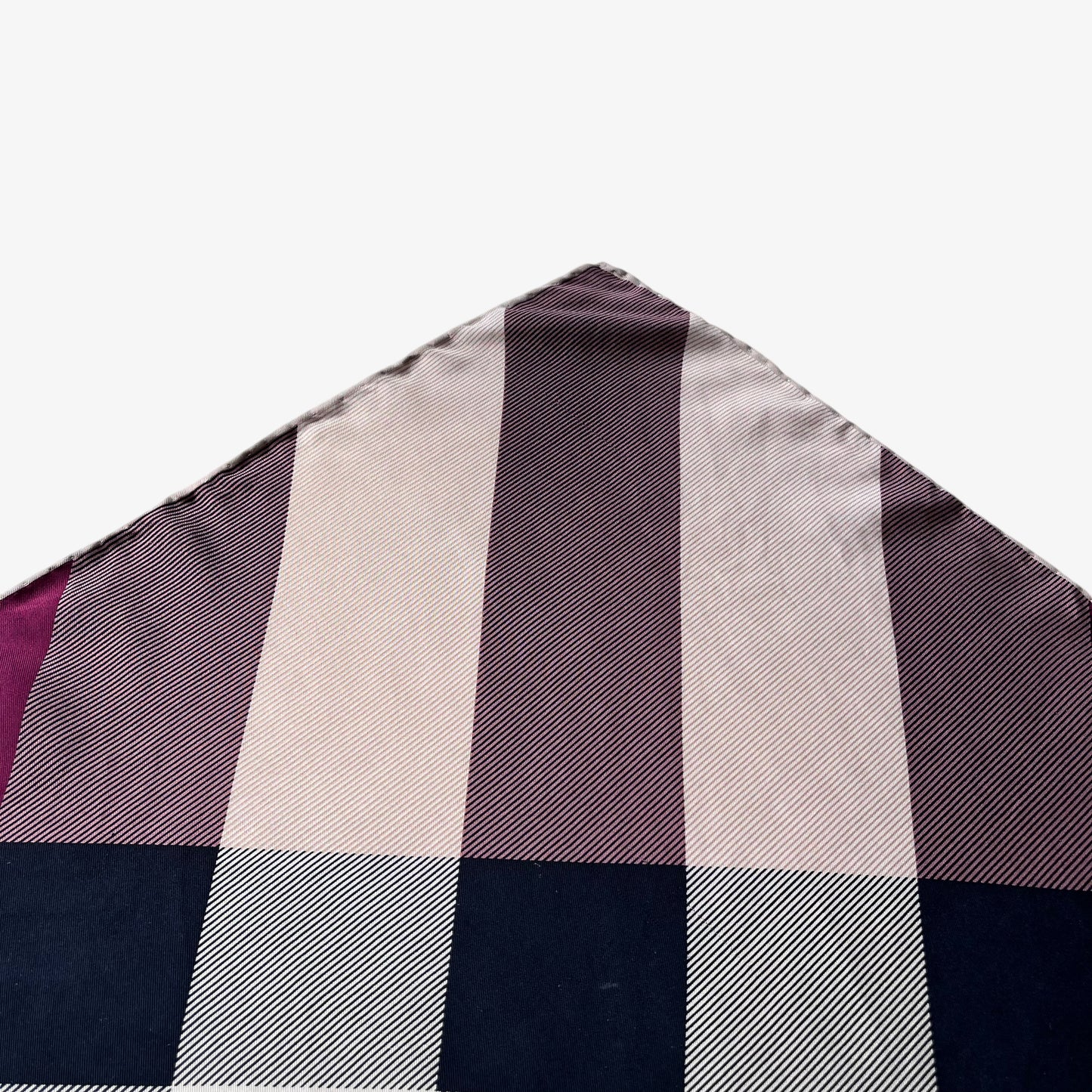 Patina on women's vintage 90s Burberry purple nova check print silk scarf features a tartan design.