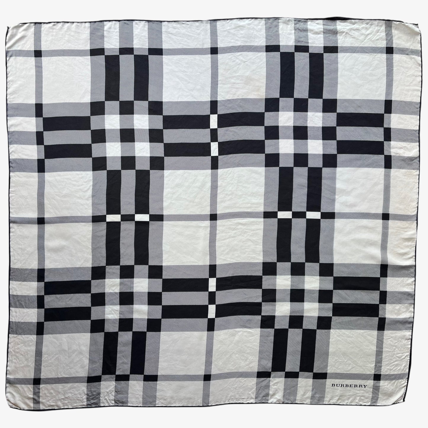Women's vintage 90s Burberry white and black nova check print silk scarf.
