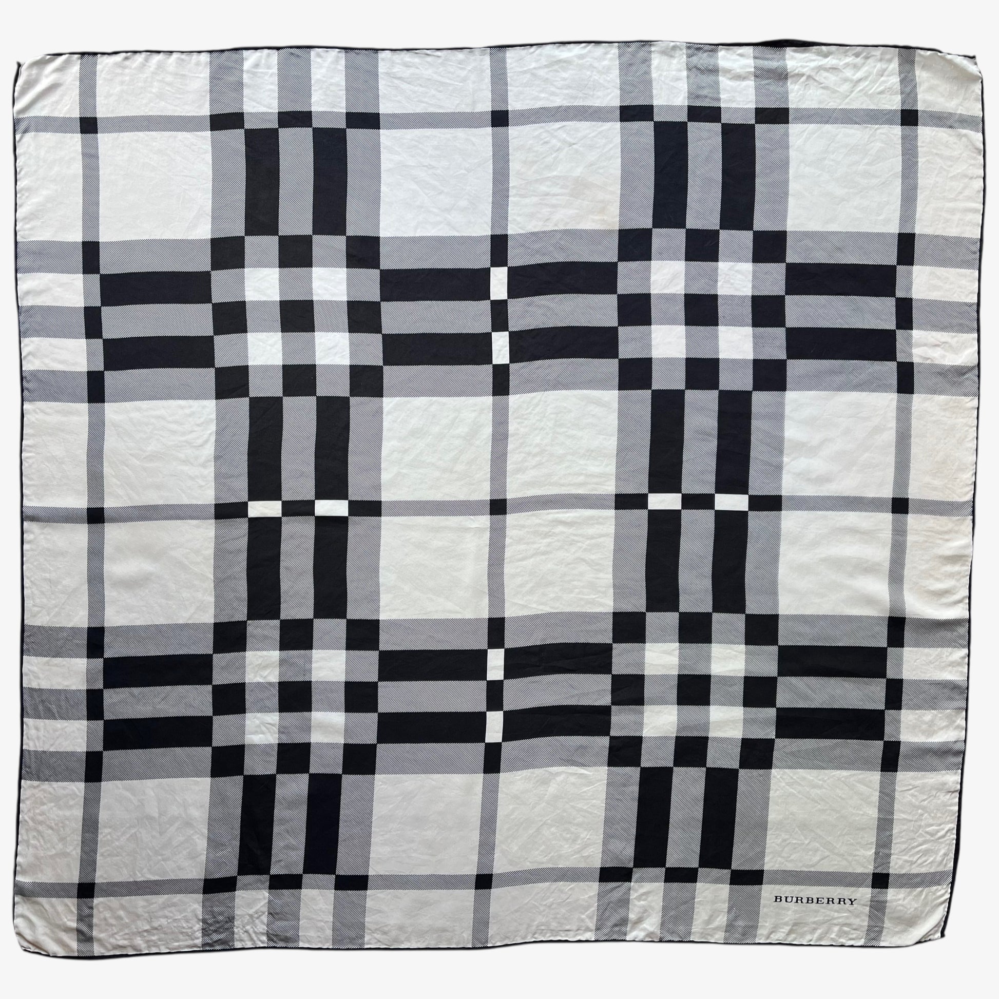 Women's vintage 90s Burberry white and black nova check print silk scarf.