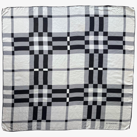 Women's vintage 90s Burberry white and black nova check print silk scarf.