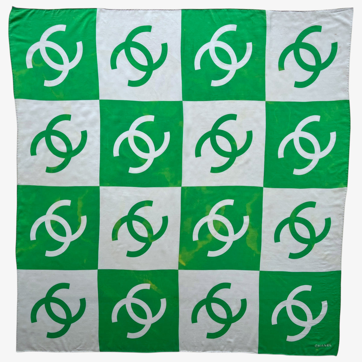 Women's vintage 90s Chanel interlocking CC checkered print green silk scarf.