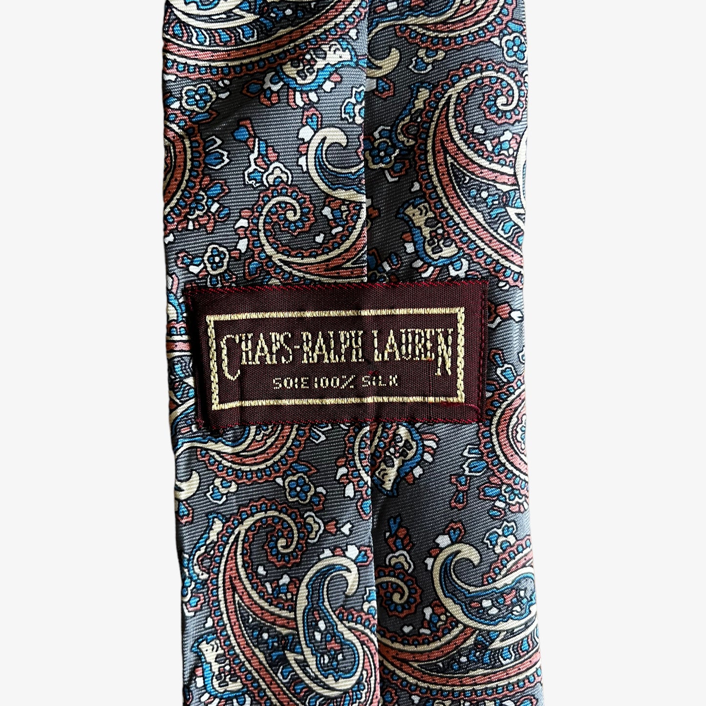 Vintage 90s Chaps x Ralph Lauren Paisley Print Grey Silk Tie Label - Casspios Dream